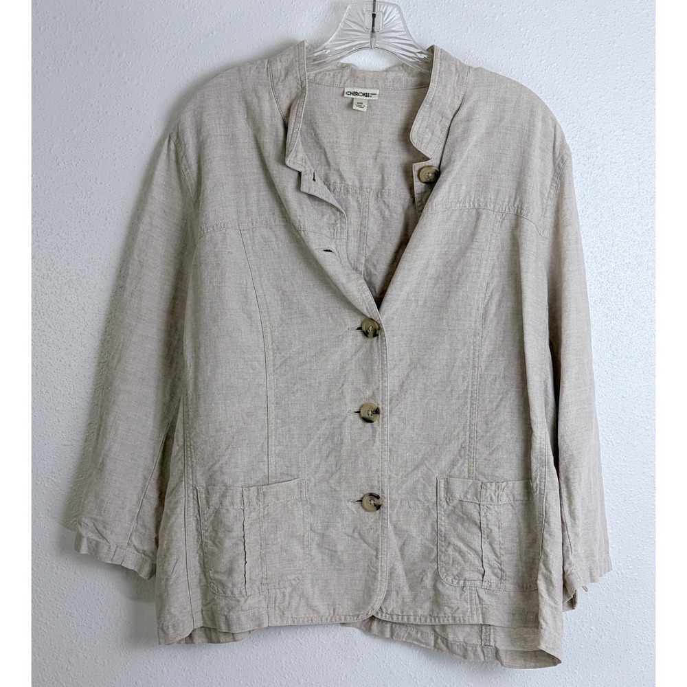 Minimalist 100% Linen Chore Jacket Beige Cherokee XXL Button Up Shacket